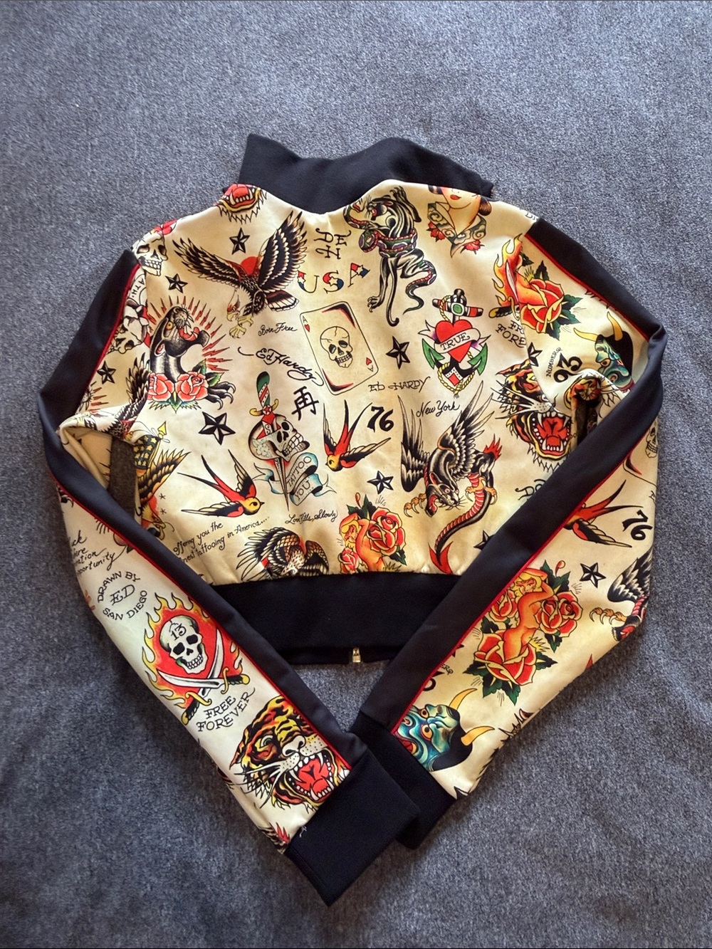 Ed Hardy Cream and Black Tattoo-Print Cropped Jacket - Picture 3 of 3